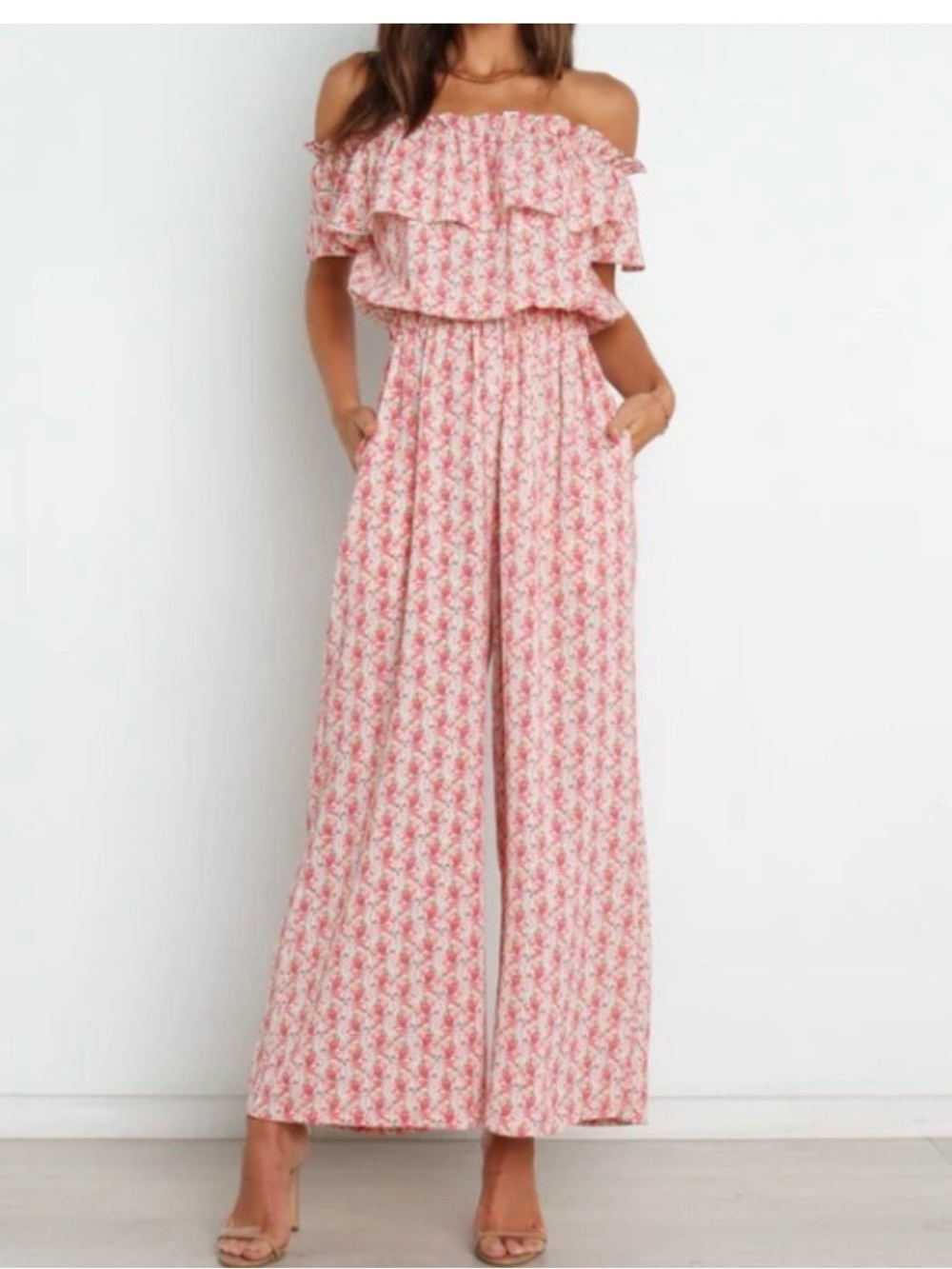 Petal & Pup Session Off-Shoulder Ruffle Pink Floral Wide-Leg Jumpsuit Size 2
